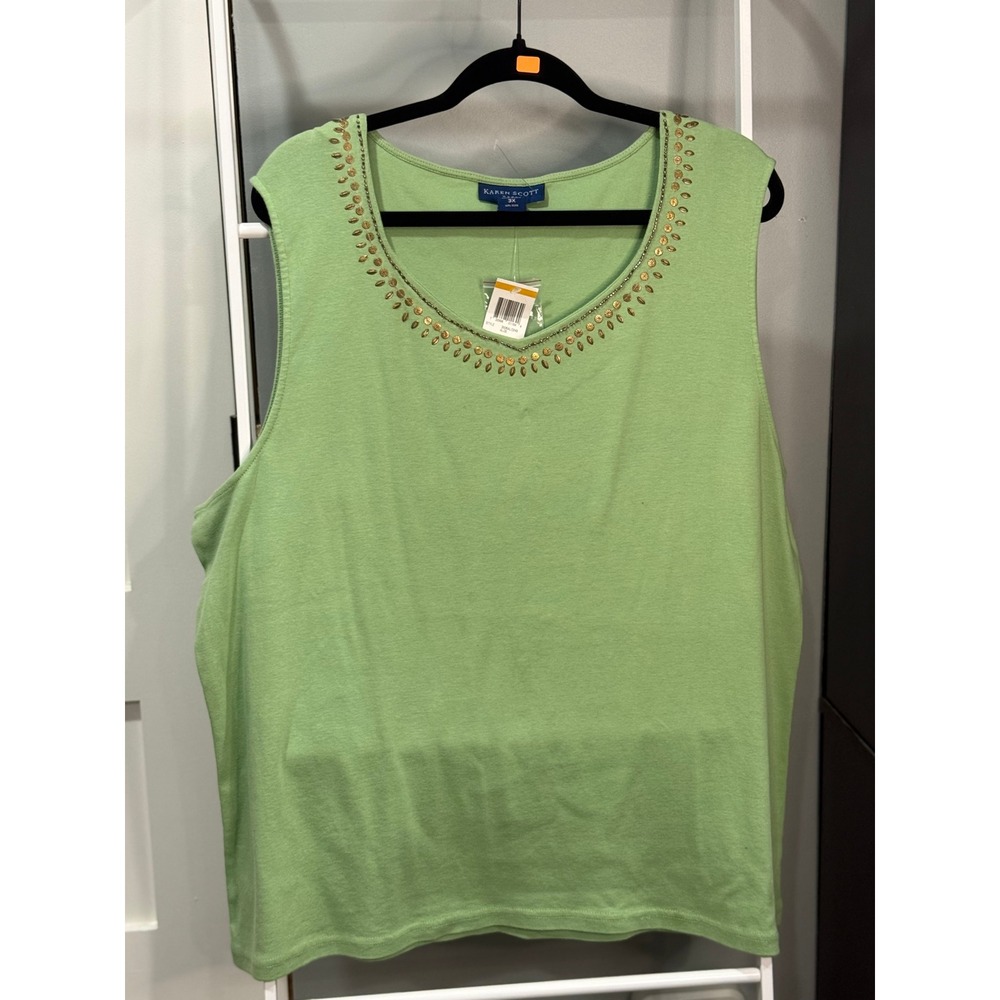 Karen Scott Woman Aloe Green Beaded Cotton Tank Top Plus Size‎ 3X Regencycore